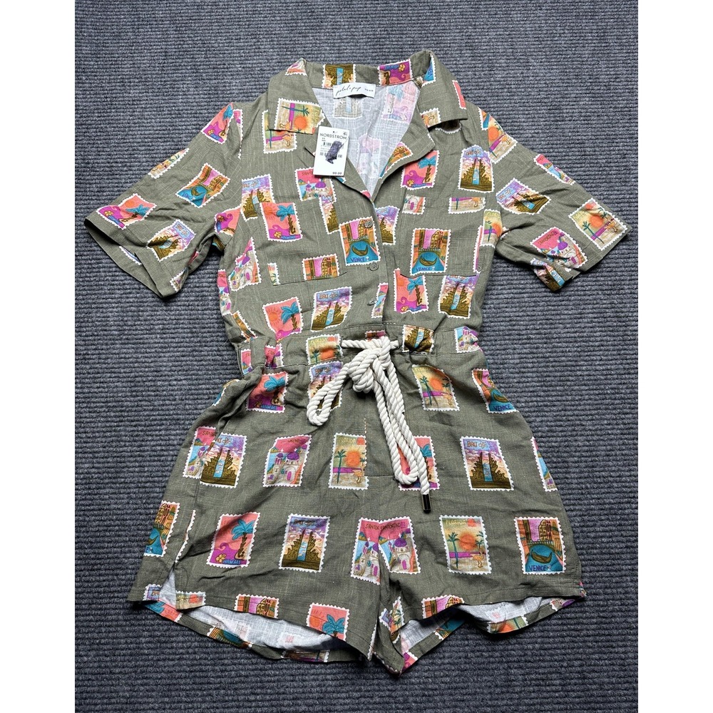 Petal & Pup Romper Womens XS Olive Stamp Print Linen Rope Belt Button Front